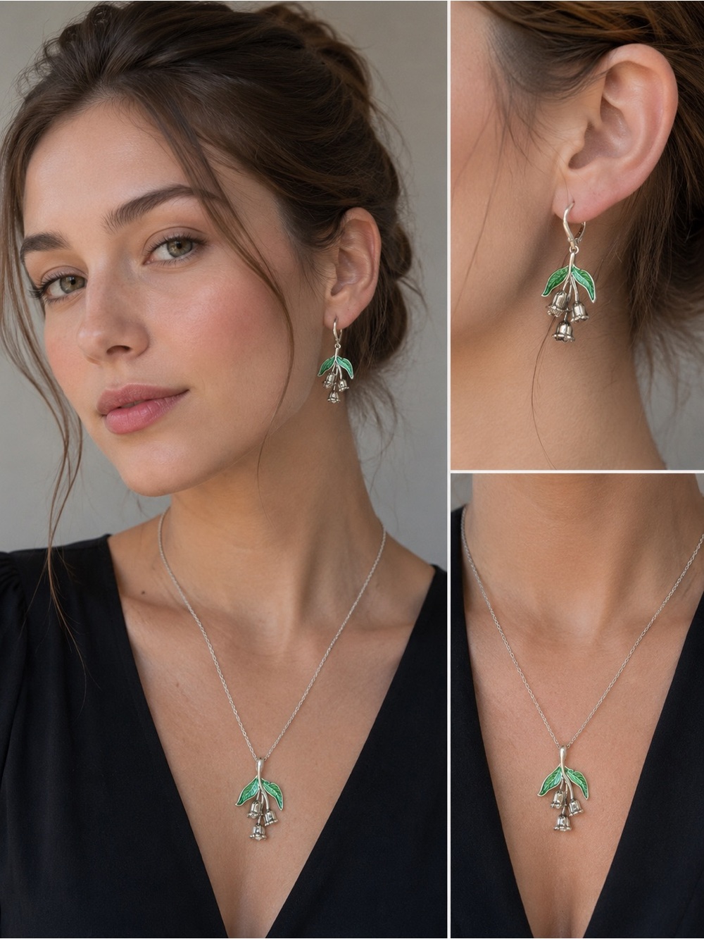 Anthropologie Silver Lily of the Valley Necklace and Earrings Set in Green